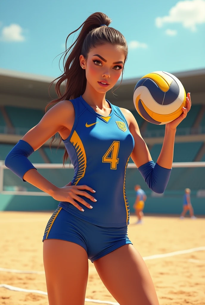 Make a complete women's volleyball sports uniform that shows everything (sleeveless jersey with number, short lycra and socks) make it sexy, use blue and yellow color (the blue lycra with yellow details and the yellow jersey with blue details)