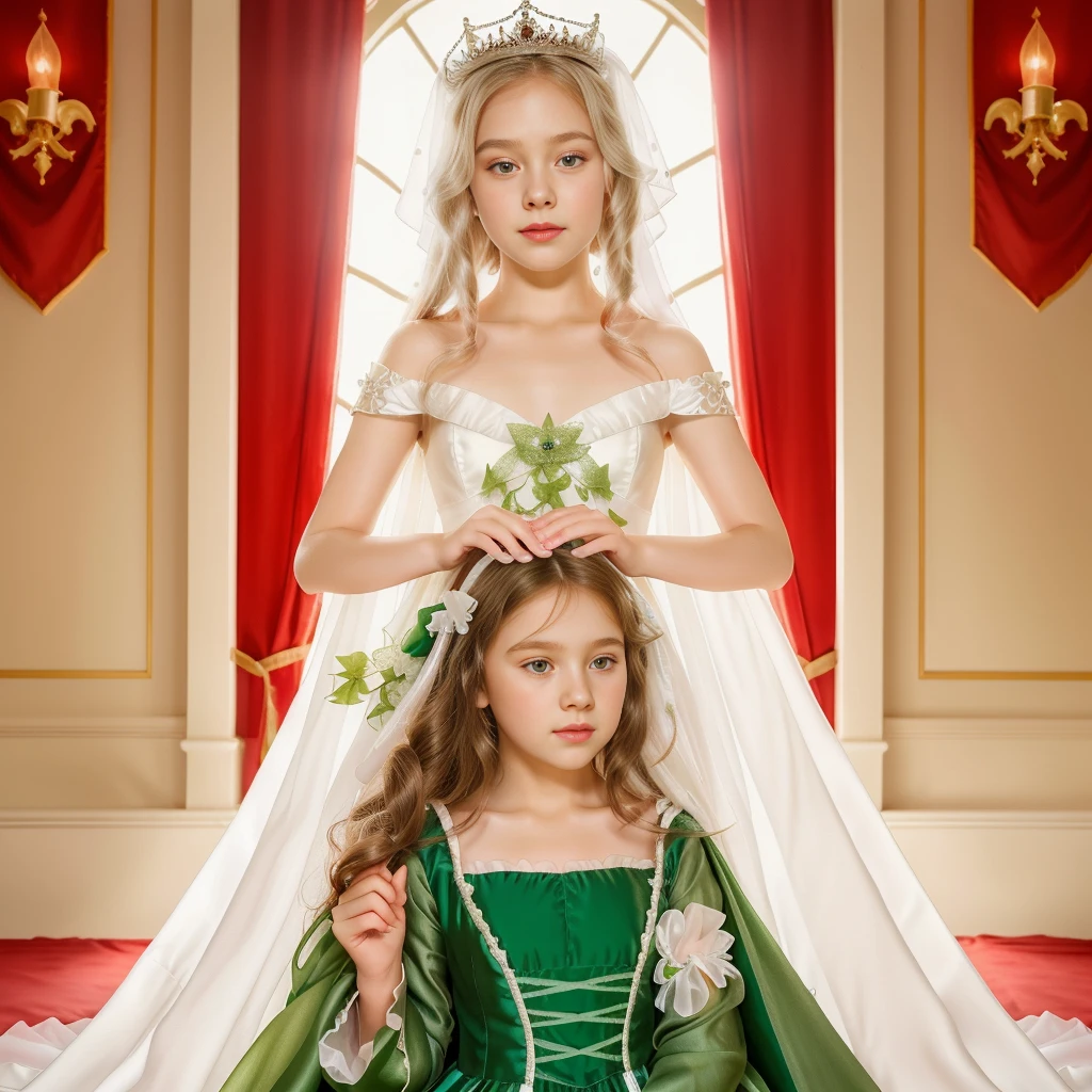 a gorgeous 10 year-old girl, white satin princess dress with chiffon cape, crowning a princess in a green princess dress, pale skin, extremely detailed, 4k, perfect face