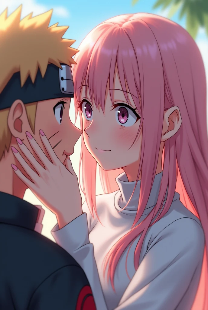 Naruto anime style character, feminine; long hair, light pink, with a longer fringe in the central part of the face; pale skin; thin vertical cut scar on left eye; Olho de Byakugan; His outfit is a white turtleneck ninja uniform.; In the image she is interacting with Naruto in a scene from the anime., fighting, but in a way that implies that they like each other in a romantic way.