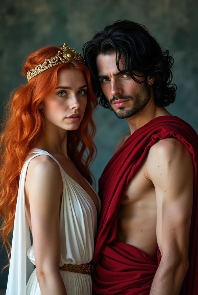 A 19-year-old red-haired woman dressed as a Greek and a 23-year-old man with black hair and white skin dressed as Hades