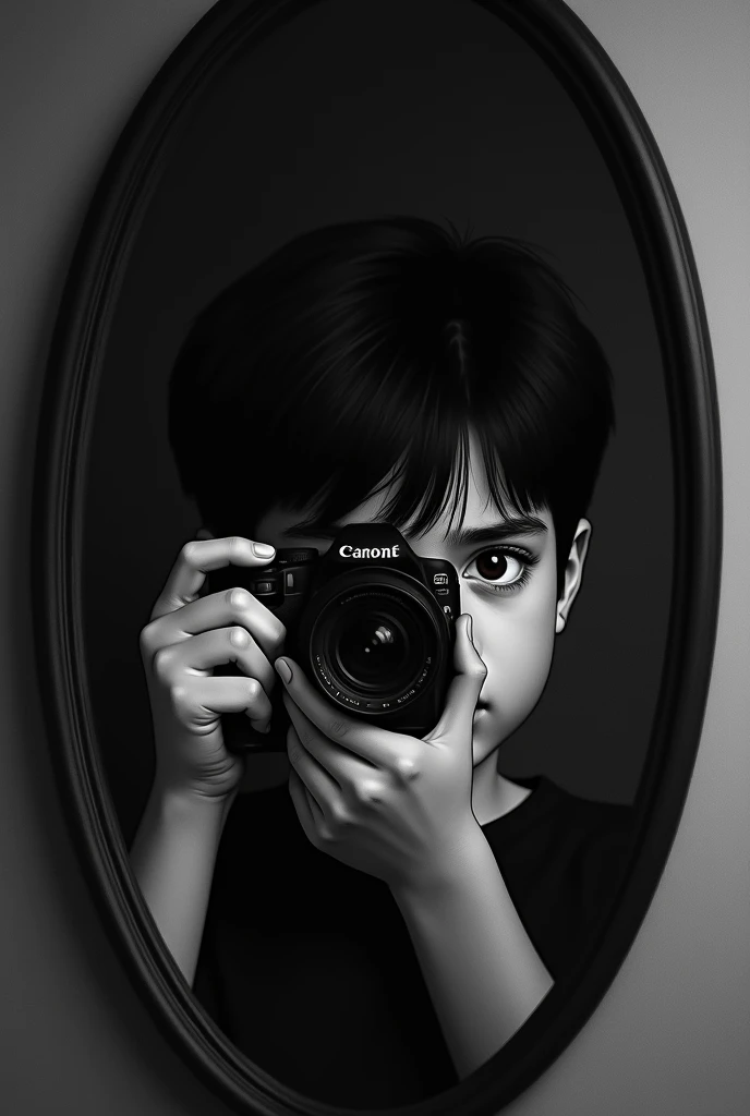 Dark-haired boy taking photo in black and white mirror