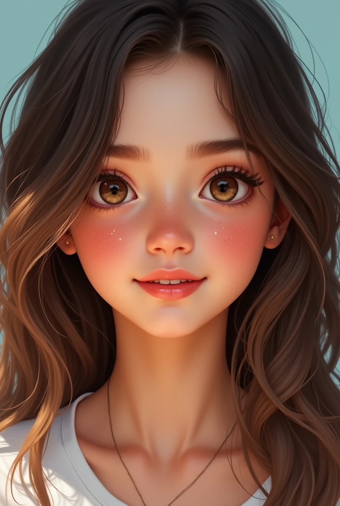 a age girl with brown hair,brown eyes and small freckles on her cheeks.