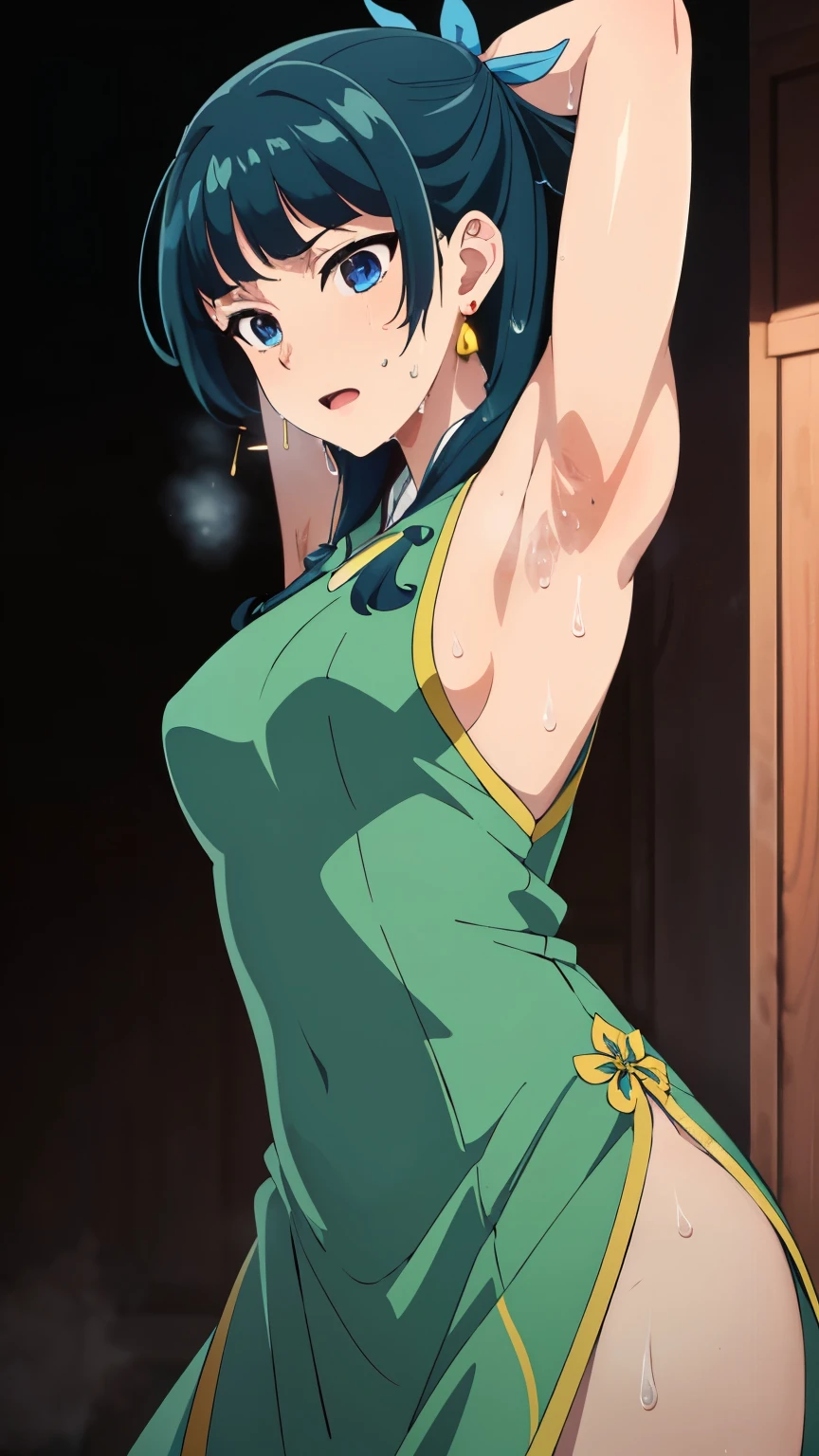 Top quality (8 k, High accuracy, Masterpiece: 1.2), Very detailed, Anime art style, Dynamic angle, age style, (Chinese dress, Exposed shoulders, Earrings, internal,), Green detailed hair, detailed blue eyes, complicated hairstyle, long hair , skinny body, Radiant eye, young man, Hair accessories, Earrings, Half updated, The explosions are a bit boring., Detailed lighting, bright colors, Looking at the scenes, in the center of the image, Cowboy shot, ((High resolution armpits)), Very detailed armpits, ((Full of sweat)), sweaty, ((dripping wet armpits)), armpit closure