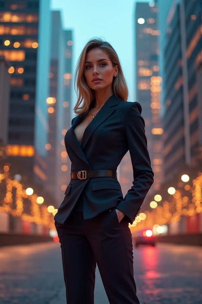 "Create an image of a confident, stylish woman standing in a modern cityscape. She should have a sophisticated look, wearing a trendy outfit, and exuding elegance. The background should include a vibrant city skyline with skyscrapers and evening lights."