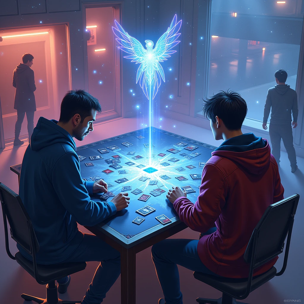 Card Game, two players sit by game table, futurism cards, hologram, cards Scattered on the table, heroes on the table call by cards and Connection, arena atmosphere, from above, (best quality, masterpiece), intricate details, ultra-detailed, vivid colors