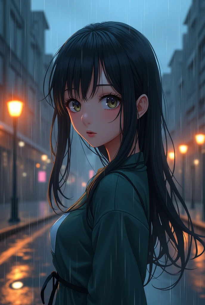 Beatiful anime girl is very cute but she waiting boy with rainny weather

