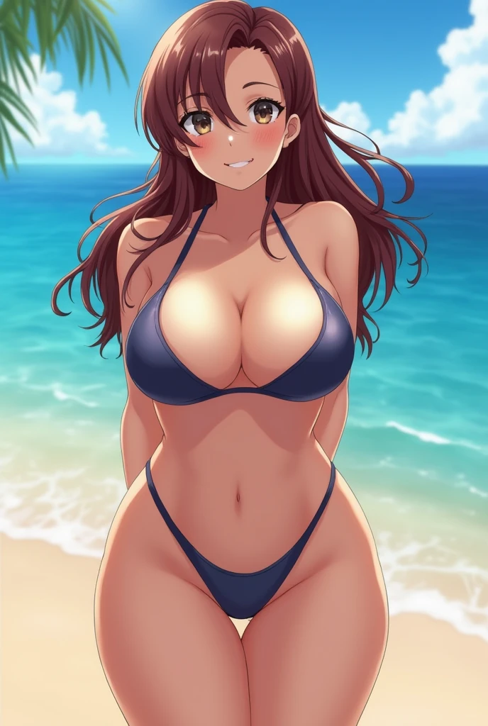 Anime girl with huge breasts and lots of curves and who has a small waist but with huge breasts and in a swimsuit and thick thighs