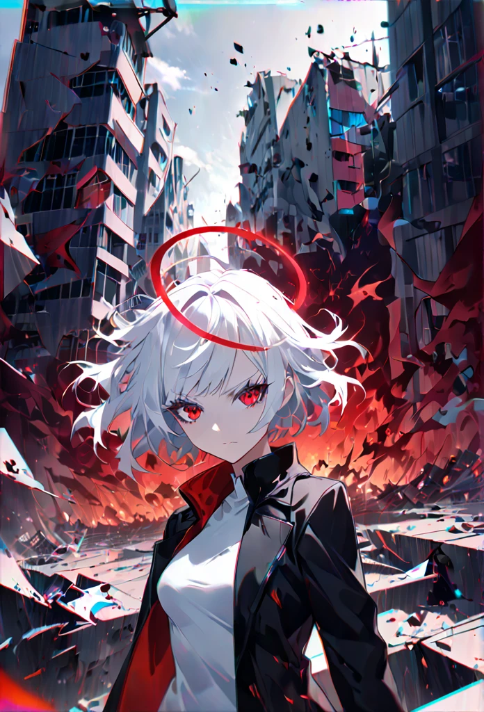 1girl, white hair, wild hair, red eyes, (white eyelashes:1.2), emotionless, red glow halo, mature, black coat, short hair, (chromatic aberration:1.2), corrupt image, reality break, destruction city, solo, (evil godness:1.2), digital dissolve, ambient energy, dynamic pose