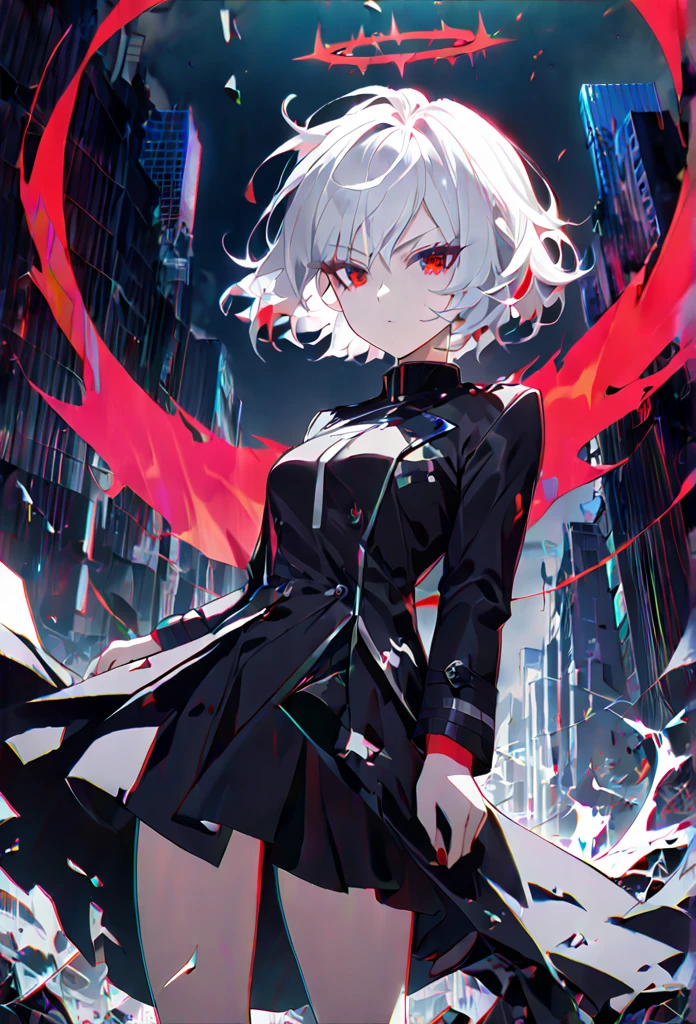 1girl, white hair, wild hair, red eyes, (white eyelashes:1.2), emotionless, red glow halo, mature, black coat, short hair, (chromatic aberration:1.2), corrupt image, reality break, destruction city, solo, (evil godness:1.2), digital dissolve, ambient energy, dynamic pose
