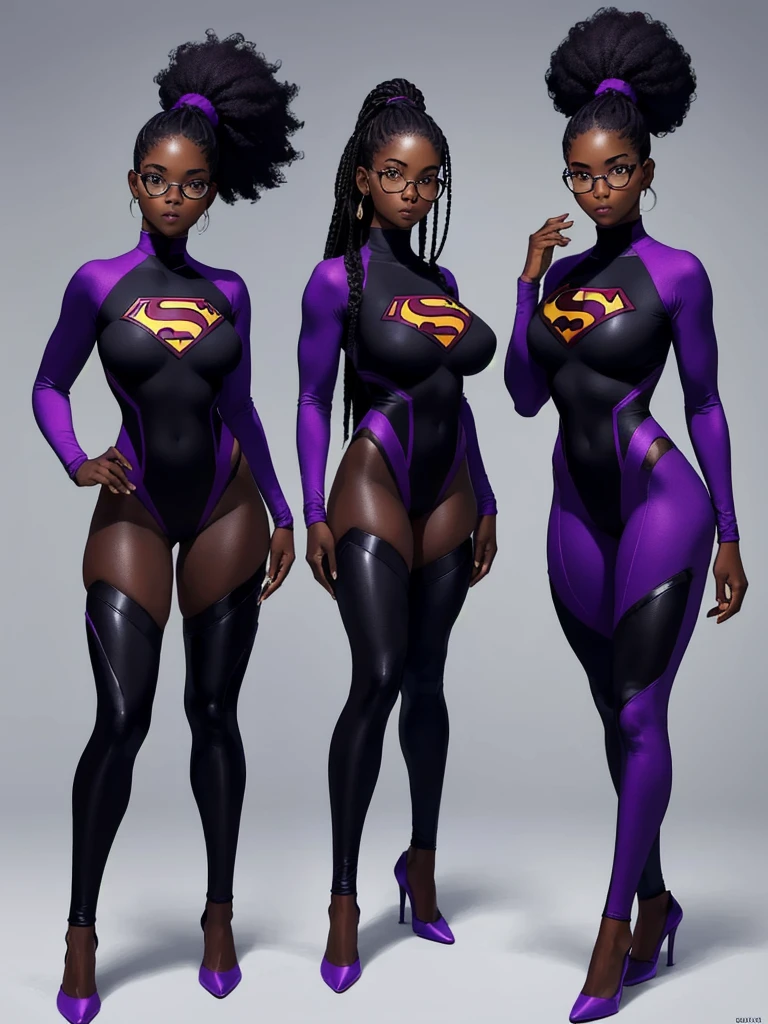((best quality)), ((4k)), ((highres)), ((masterpiece:1.2)). ((detailed)), ((ultra realistic)), ((intricate details)), ((full body picture)), ((character design sheet)), ((blank background)), a full body picture of a beautifull ebony female, black woman, perfect face, gorgeous face, detailed eyes, detailed lips, about 25 years old, about 6'5 ft. tall, bushy afro-crisp curly hair with a ponytail, black hair, ((emphasis on her bushy afro-crisp black curly hair with a ponytail)), athletic body, dressed in a superhero bodysuit ((emphasis on her superhero bodysuit)), purple and black outfit, ((emphasis on purple and black outfit)), multi-colored outfit, ((emphasis on multi-colored outfit)), open lab coat, scientist character, glasses, cute and nerdy character, superhero character, superhero concept art, superhero character concept art, full body, full body concept art, full body art
