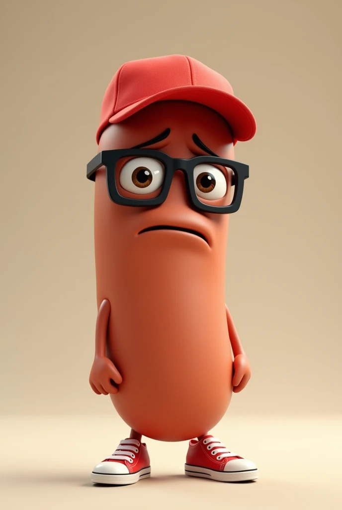 Animated sausage with black square glasses, red cap and red converse with a sad expression 