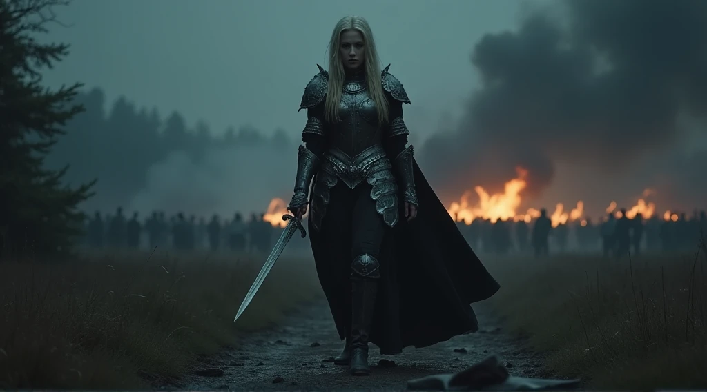 dark fantasy, bittersweet atmosphere, a Blonde warrior woman, Xeena, pale skin, full plate armor with intricate designs, sword held in one hand, zoomed out wide shot picture of xeena retreating into deep shadows, on the ground there is a steel chakram disc she is stepping over. her face set with determination, the battlefield behind her is shrouded in darkness, faint glimmers of light from distant fires, she disappears into the night, knowing the battle isn’t over, shadows enveloping her figure as she fades away, low-angle shot focusing on her retreat, next to her lying on the ground is a chakram razor sharp disc, hinting the viewer