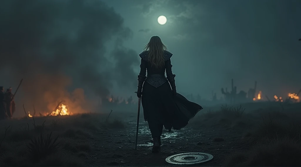 dark fantasy, bittersweet atmosphere, a Blonde warrior woman, Xeena, pale skin, full plate armor with intricate designs, sword held in one hand, zoomed out wide shot picture of xeena retreating into deep shadows, on the ground there is a steel chakram disc she is stepping over. her face set with determination, the battlefield behind her is shrouded in darkness, faint glimmers of light from distant fires, she disappears into the night, knowing the battle isn’t over, shadows enveloping her figure as she fades away, low-angle shot focusing on her retreat, next to her lying on the ground is a chakram razor sharp disc, hinting the viewer