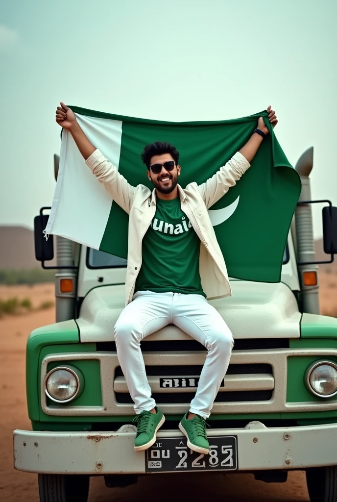 Create an Real image featuring a 25 year boy
sitting on the hood of a white and green truck,with Pakistan’s scenic background. He’s holding a big flag celebrating Pakistan’s 14th August. The boy wears a green T-shirt with ‘Junaid’ printed on it, white jacket, white pants, green shoes and sunglasses.