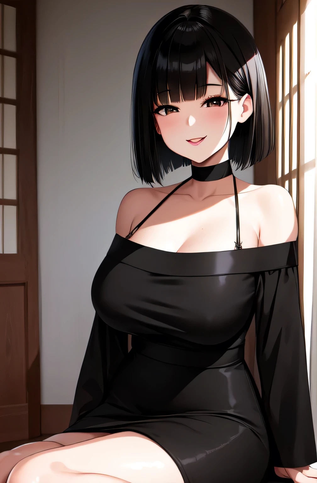 40-year-old Japanese woman、Big smile、Long bob cut with black hair、Perfect Makeup、Glossy pink lips、Black off-the-shoulder sweater、Long skirt、High heels、Surrealism, depth of field, masterpiece, super detail, best quality, 8k