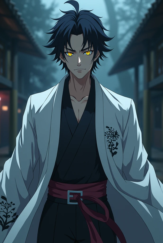 A handsome Assassin anime character with yellow eyes with his soul of yokai screenshot wearing a white nostradamus style kimono from Record ragnarok