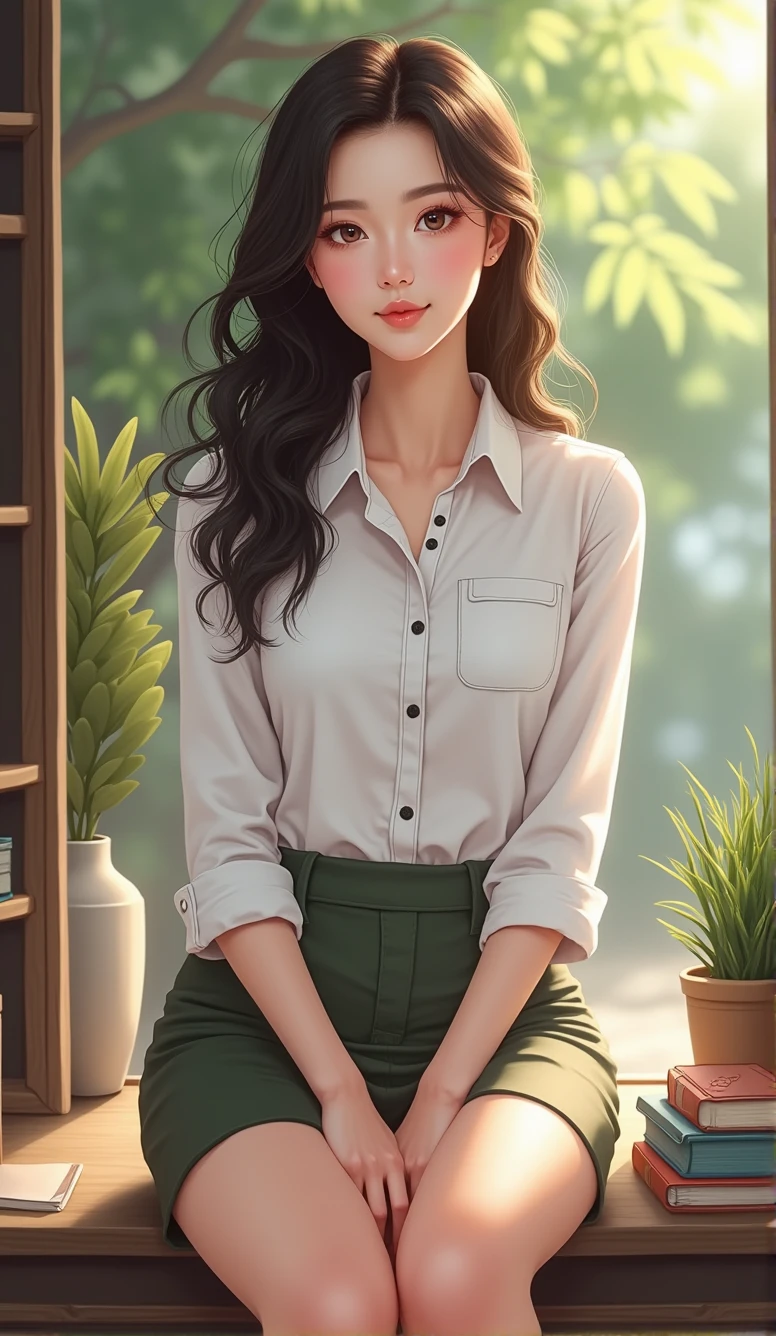Asian woman in a mini skirt and white shirt sitting on a shelf, Niwan Chandra, Profile pictureture, fan art, professional Profile pictureture, Thai anime girl, With a backdrop of natural light., Profile picture, Profile picture, Comfortable pose, Thawan Duchanee, Business attire, Avatar, business woman, traditional art, Tomorrow, Tran., Big tits