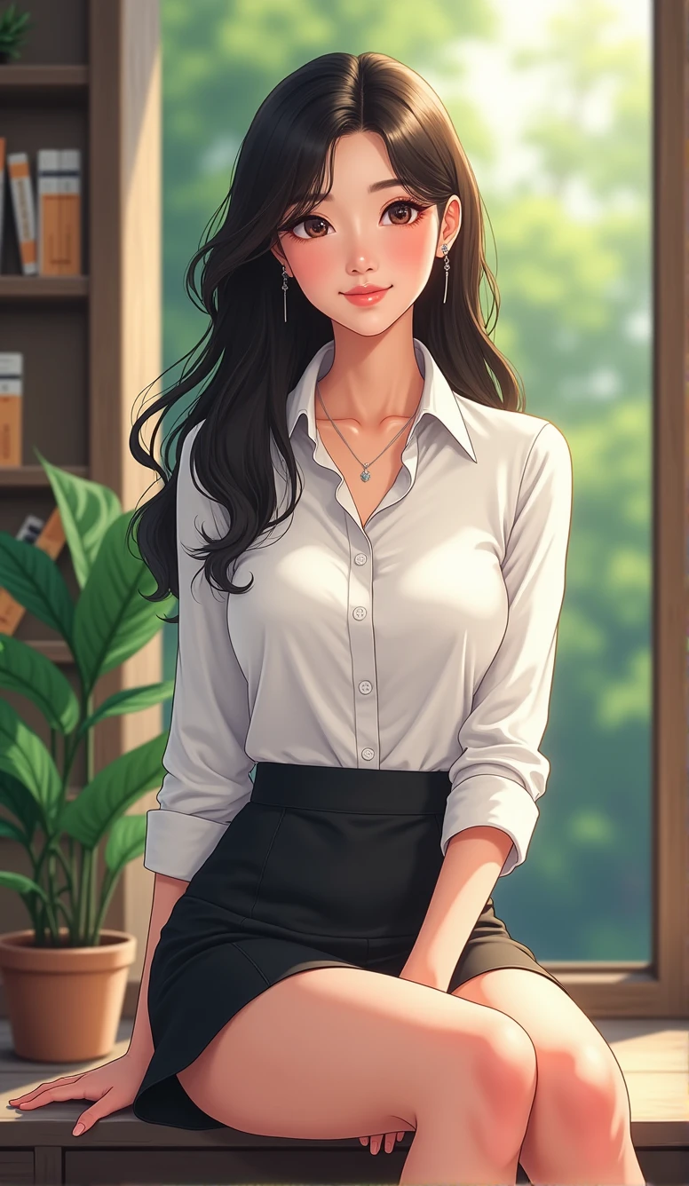 Asian woman in a mini skirt and white shirt sitting on a shelf, Niwan Chandra, Profile pictureture, fan art, professional Profile pictureture, Thai anime girl, With a backdrop of natural light., Profile picture, Profile picture, Comfortable pose, Thawan Duchanee, Business attire, Avatar, business woman, traditional art, Tomorrow, Tran., Big tits