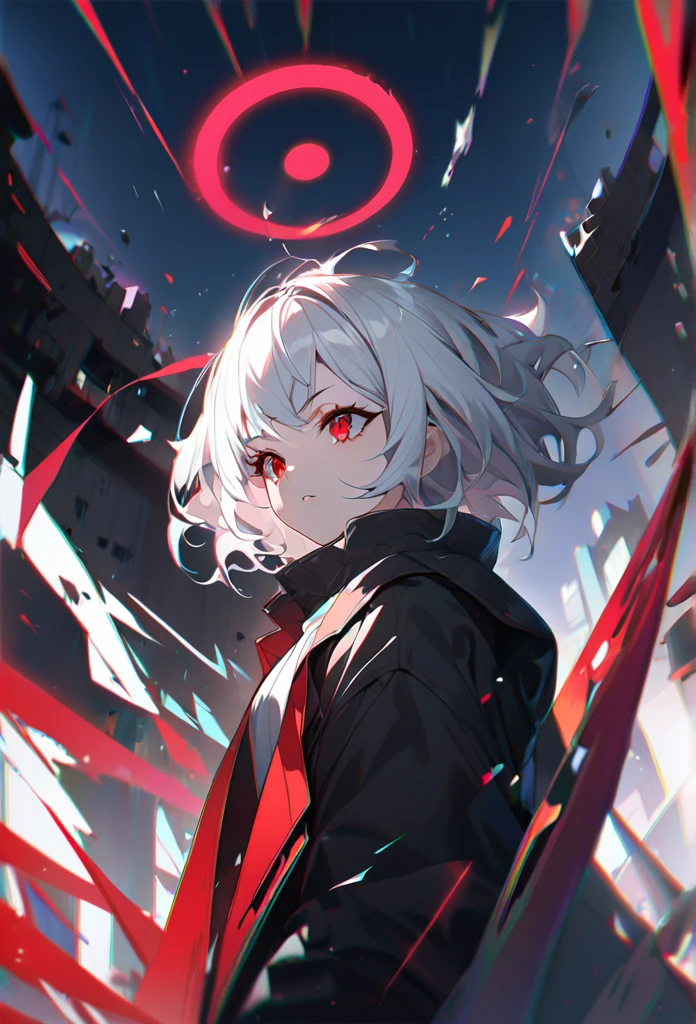 1girl, white hair, wild hair, red eyes, (white eyelashes:1.2), emotionless, red glow halo, mature, black coat, short hair, (chromatic aberration:1.2), reality break, destruction city, solo, (evil godness:1.2), digital dissolve, dynamic pose