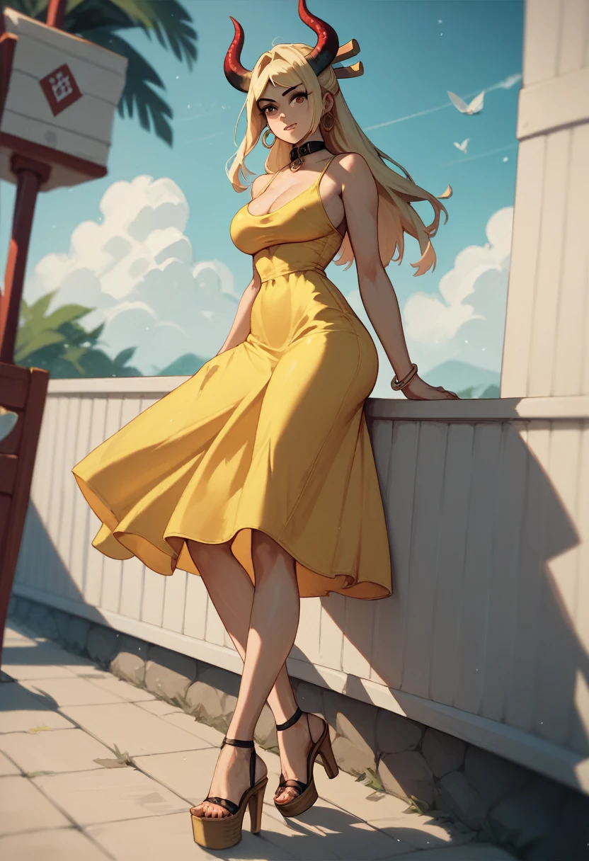 Yamato, yellow low-cut sundress, wedge heels, tight collar