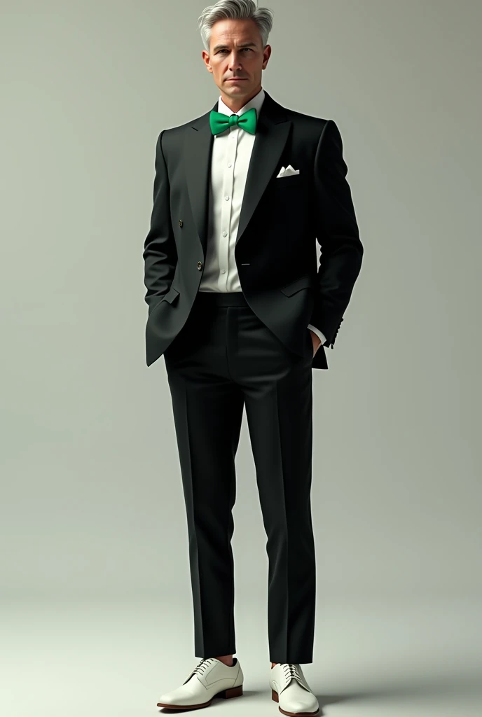 Create an image of a man in a black suit, black shirt but with a green bowtie and white shoes