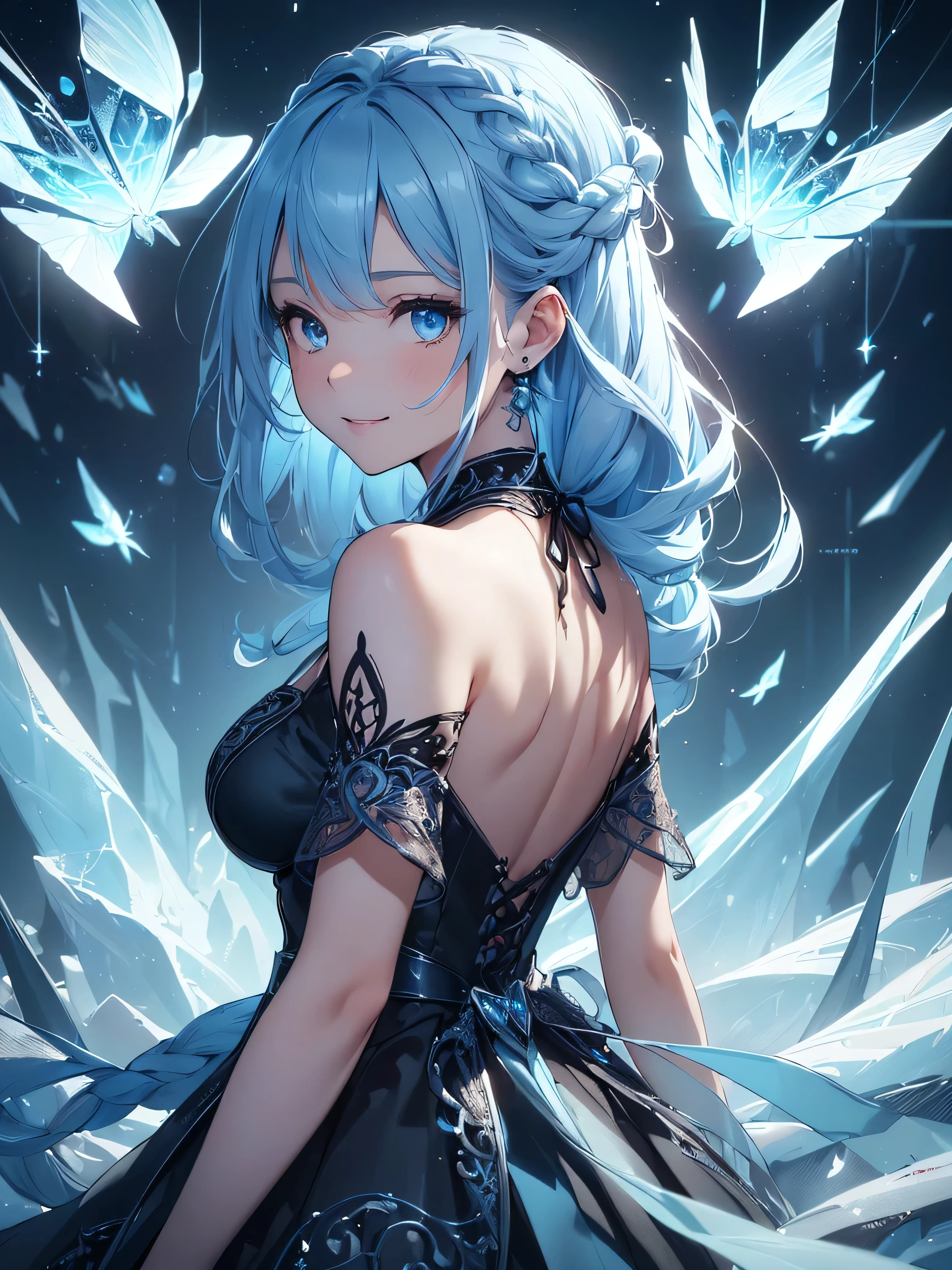 (((best quality, sharp image, clear image, cinematic lighting, 8k resolution, masterpiece, ultra detailed, intricate))) Girl, (((looking over shoulder))),shot from behind, sorcerer, cute, ice blue hair, intricate dress, black dress, braided hair, ribbons in hair, smiling, Ice blue, ((intricate background)), (rune frame), dimension, (ice butterflies)