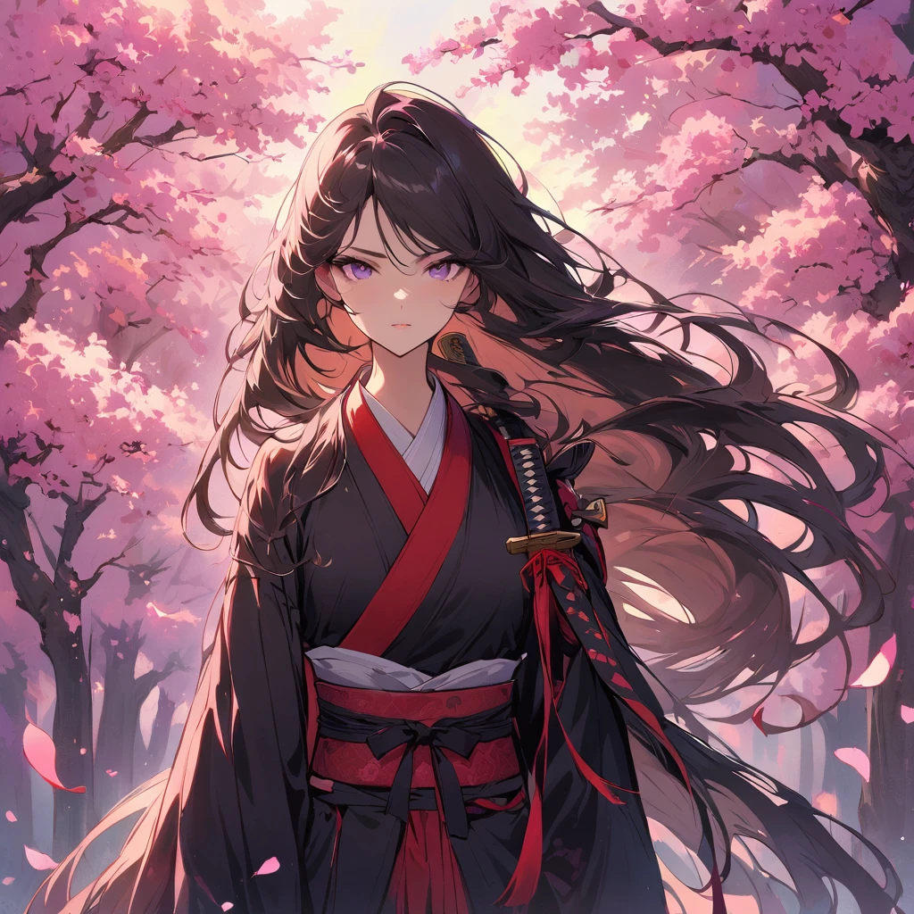 A young samurai girl with long flowing hair and a determined expression, standing in a field of cherry blossoms, her katana resting on her shoulder.