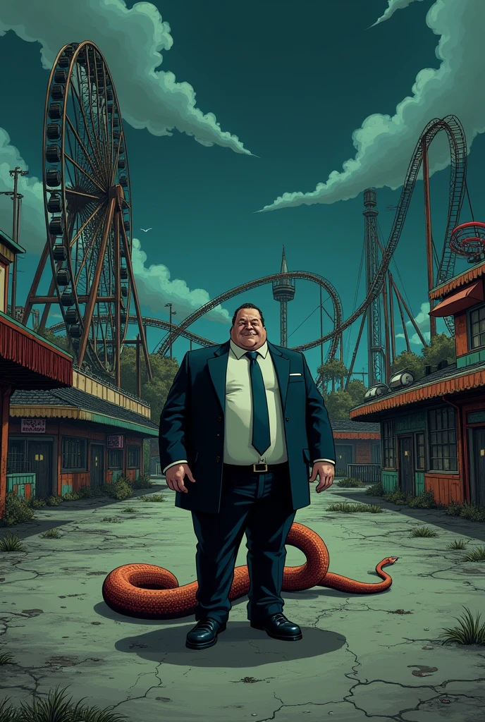 (( 90s drawing )) an abandoned amusement park with a ferris wheel and roller coaster and other park rides and in the center of the park there is a snake together with a pot-bellied man in a suit at night terror