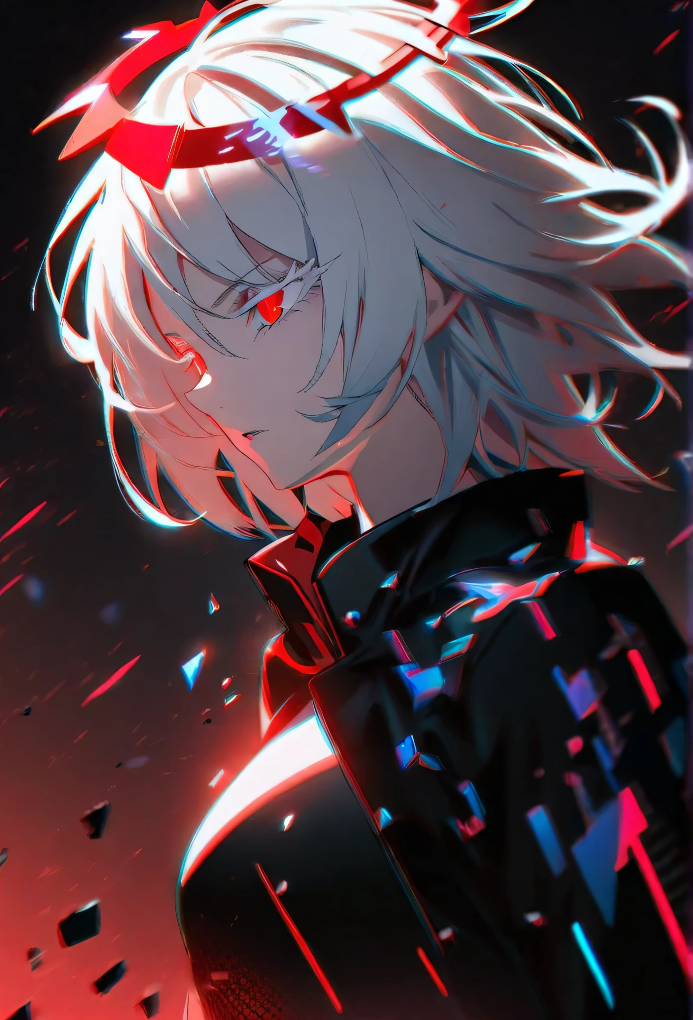 1girl, white hair, wild hair, red eyes, (white eyelashes:1.2), emotionless, red glow halo, mature, black coat, short hair, (chromatic aberration:1.2), reality break, destruction city, solo, (evil godness:1.2), digital dissolve, dynamic pose