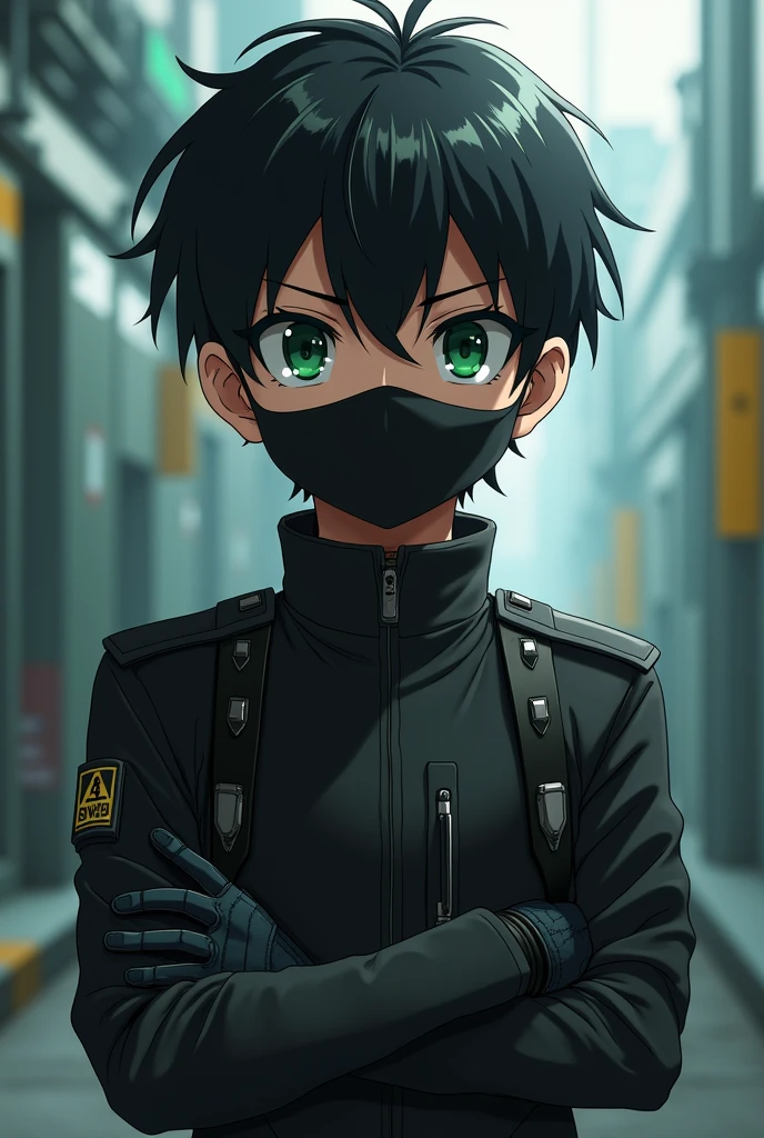 Anime style boy with black hair, green eyes, a black face mask and fingerless gloves with a serious expression and a slightly futuristic military suit