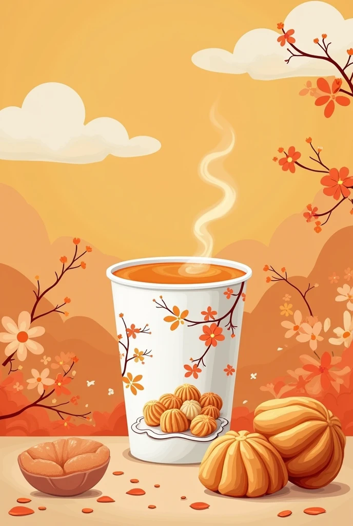 orange colors,milk tea,Flat illustration style,senior color matching,exquisitedetails,Dunhuang wind,National style,China-style,landscape painting,Milk tea packaging design with buns