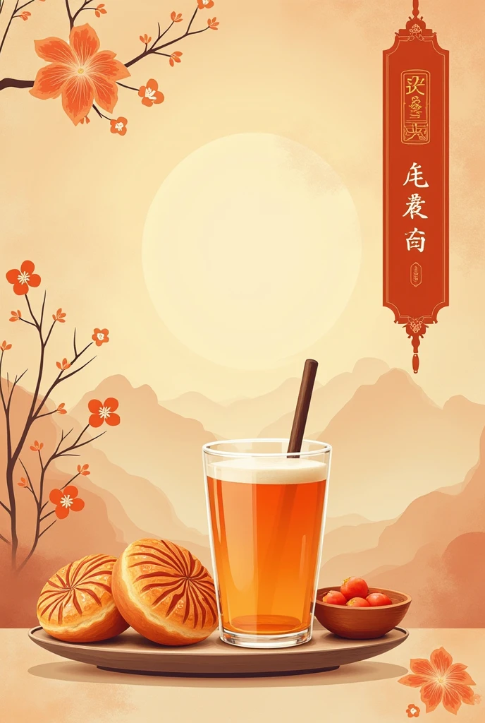 orange colors,milk tea,Flat illustration style,senior color matching,exquisitedetails,Dunhuang wind,National style,China-style,landscape painting,Milk tea packaging design with buns
