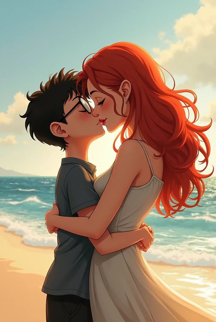A woman with red hair and a boy with glasses kissing on the beach