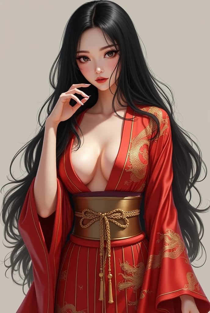 Naomi, one female character, long black hair with close bangs, black eyes, slim body with big breasts, of oriental origin and wears a red kimono with golden lines and a golden dragon print