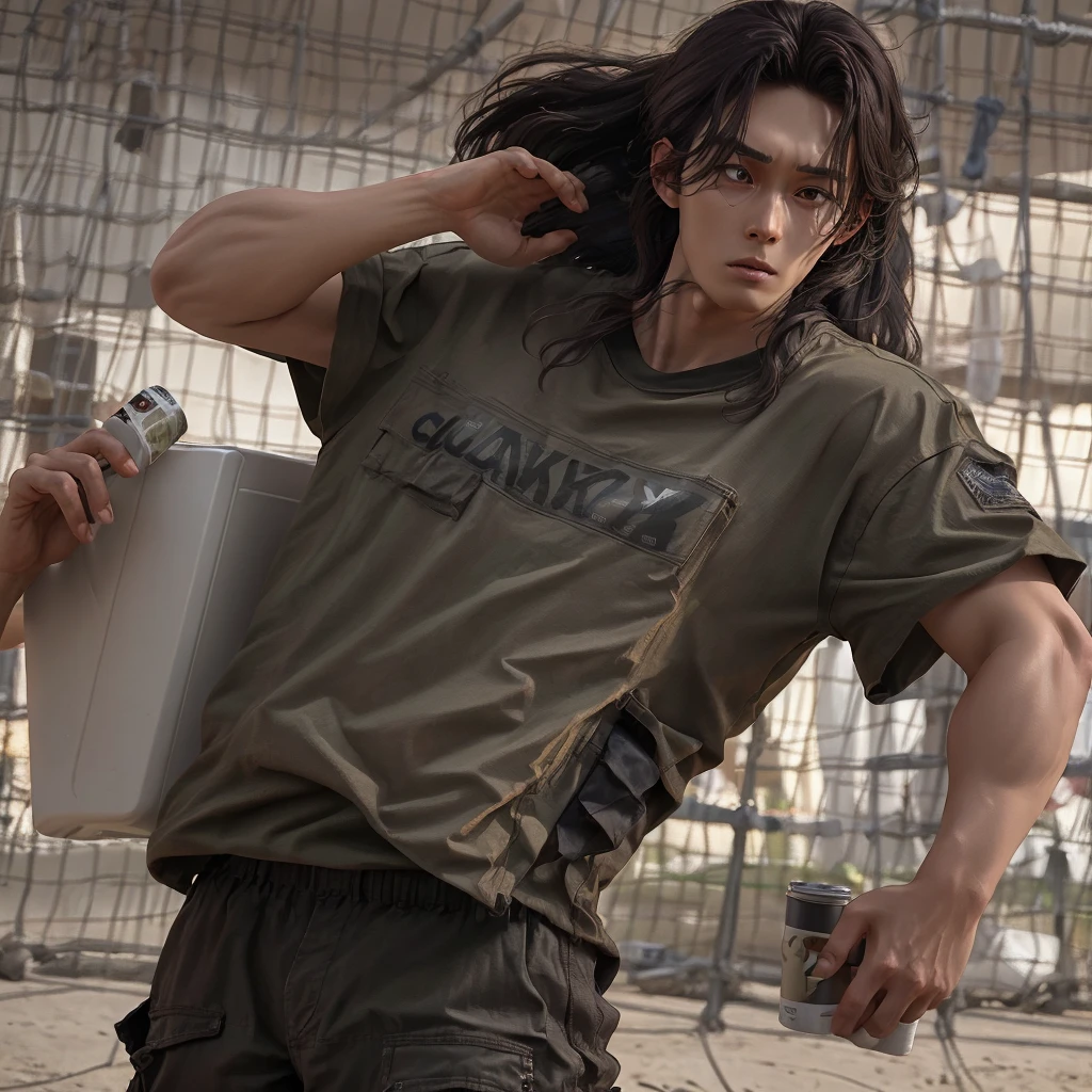 Masterpiece, Accurate, High Quality, Super Detailed, Textured Skin, Brown Hair, Long Hair, Angry, wearing brown oversize t-shirt with word ((ENYO)), Cargo Pants, Action with cigarettes, Modern, 3D Rendering, Film Grain, 