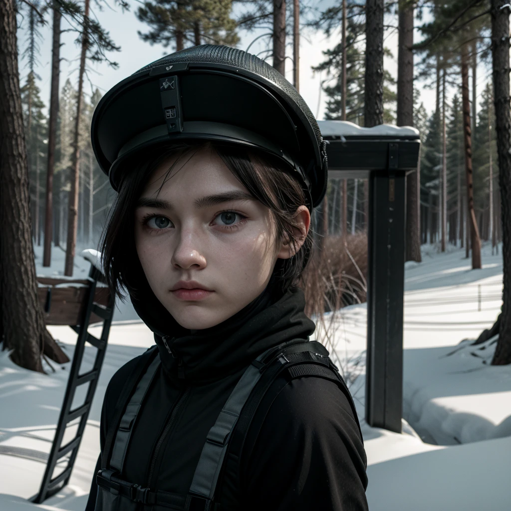Soldier with Nordic appearance 25 years old in black military uniform standing equipped with vest helmet modern balaclava covering full face in dark taiga forest, image full of realistic details