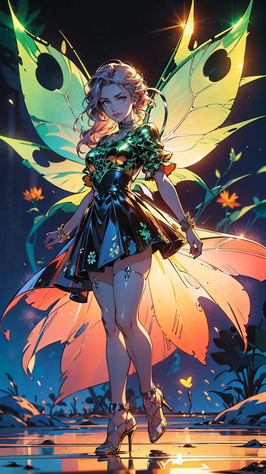 high details, best quality, 16k, RAW, [best detailed], masterpiece, best quality, (extremely detailed), GlowingRunes_red, full body, ultra wide shot, photorealistic, fantasy art, RPG art, D&D art, a picture of a fairy selling sunflowers in a florist shop, extremely beautiful fairy, ultra feminine (intense details, Masterpiece, best quality), butterfly wings (intense details, Masterpiece, best quality), blue and green wings (intense details, Masterpiece, best quality), light pink hair, long hair, shinning hair, flowing hair, shy smile, innocent smile, blue eyes, wearing bright skirt, dynamic elegant shirt, chocker, wearing high heels, in flower shop (intense details, Masterpiece, best quality), extreme many (sunflowers: 1.3) (intense details, Masterpiece, best quality), sunflower shop in a modern era street, High Detail, Ultra High Quality, High Resolution, 16K Resolution, Ultra HD Pictures, Ultra Realistic, Clear Details, Realistic Detail, Ultra High Definition