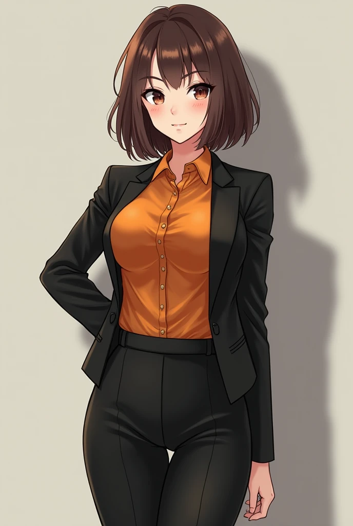 Please draw a tsundere woman with brown, medium-long hair, half-up, pale skin and light freckles, wearing a black skirt-type suit and an orange shirt.