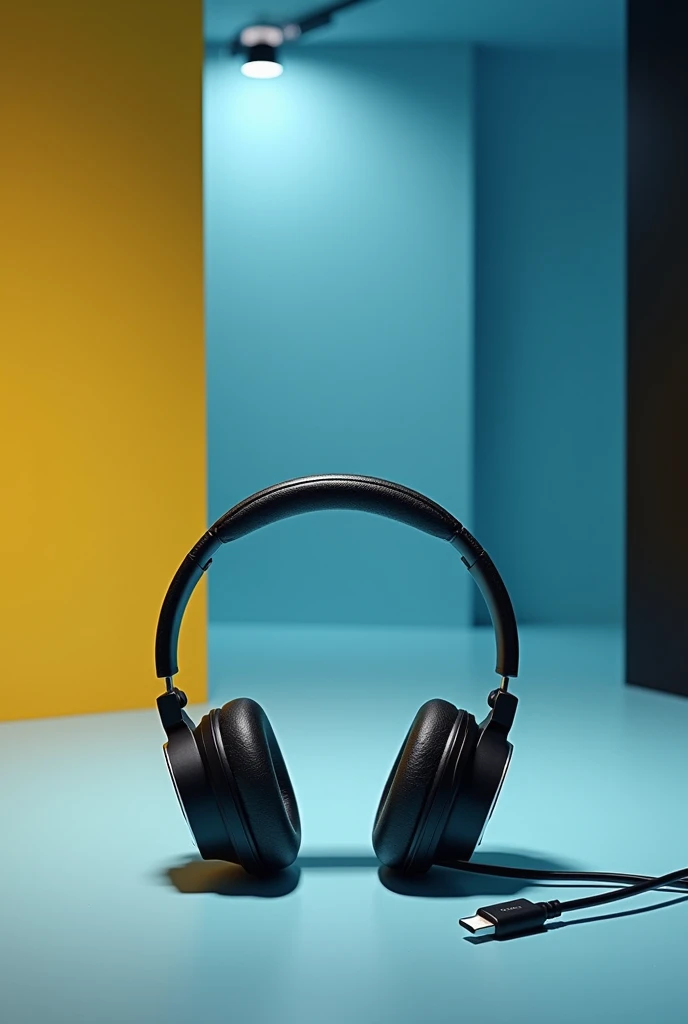 create image for Instagram with headphone and type C cable and showroom with light blue yellow and black color