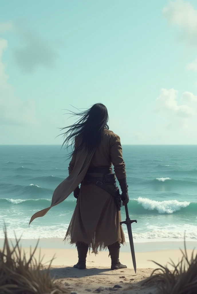 A lone warrior with hair in beach back view with sword 
