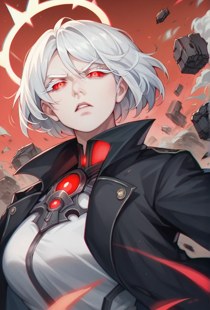 1girl, white hair, wild hair, red eyes, (white eyelashes:1.2), emotionless, red glow halo, mature, black coat, short hair, (chromatic aberration:1.2), reality break, destruction city, solo, (evil godness:1.2), digital dissolve, dynamic pose