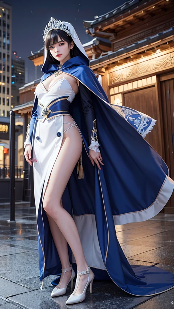 South korea women mystery hooded on with modern royal Blue coat with buttons and royal Blue cape and very high white heel over the knee and white gloves, As she reveals a small secret hidden blade, adding to the character’s mysterious and agile appearance, with small movements of air on the cape, in summer at night under the rain, with buildings featuring curved eaves and detailed architecture. The scene is set at night, she slit a person's throat , intricate detail, ultra detail, incredible detail, intricate detail, extremely detailed and intricate, super max, masterpiece, best quality, HDR, UHD, unreal engine. , beautiful face, Rich in details High quality, gorgeous, captivating, 8k, super detailed, stunning shadows, detailed lines