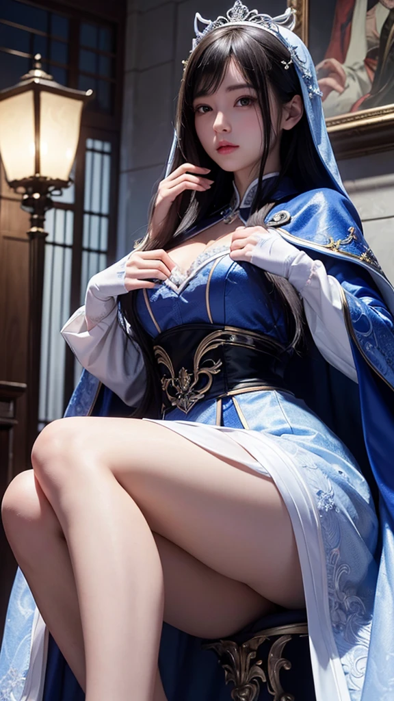 South korea women mystery hooded on with modern royal Blue coat with buttons and royal Blue cape and very high white heel over the knee and white gloves, As she reveals a small secret hidden blade, adding to the character’s mysterious and agile appearance, with small movements of air on the cape, in summer at night under the rain, with buildings featuring curved eaves and detailed architecture. The scene is set at night, she slit a person's throat , intricate detail, ultra detail, incredible detail, intricate detail, extremely detailed and intricate, super max, masterpiece, best quality, HDR, UHD, unreal engine. , beautiful face, Rich in details High quality, gorgeous, captivating, 8k, super detailed, stunning shadows, detailed lines