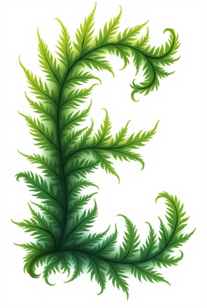 "A letter 'E', fonte Old English, in impressionism style, loose brushwork, formed by intertwined fern leaves. The pure white background"