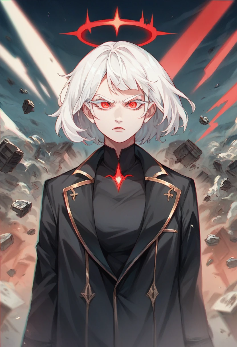 1girl, white hair, wild hair, red eyes, (white eyelashes:1.2), emotionless, red glow halo, mature, black coat, short hair, (chromatic aberration:1.2), reality break, destruction city, solo, (evil godness:1.2), digital dissolve, dynamic pose
