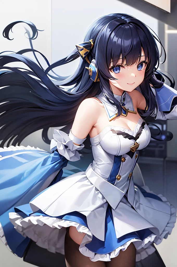 mecha wings、White and blue skirt、Thighs、tights、chest、Black Hair、1 girl、solo girl、IS、Frame Arms Girl、Alice Gere Aegis、blue armor、income、headphone、hand on own chest、smile、idol woman、idol dress