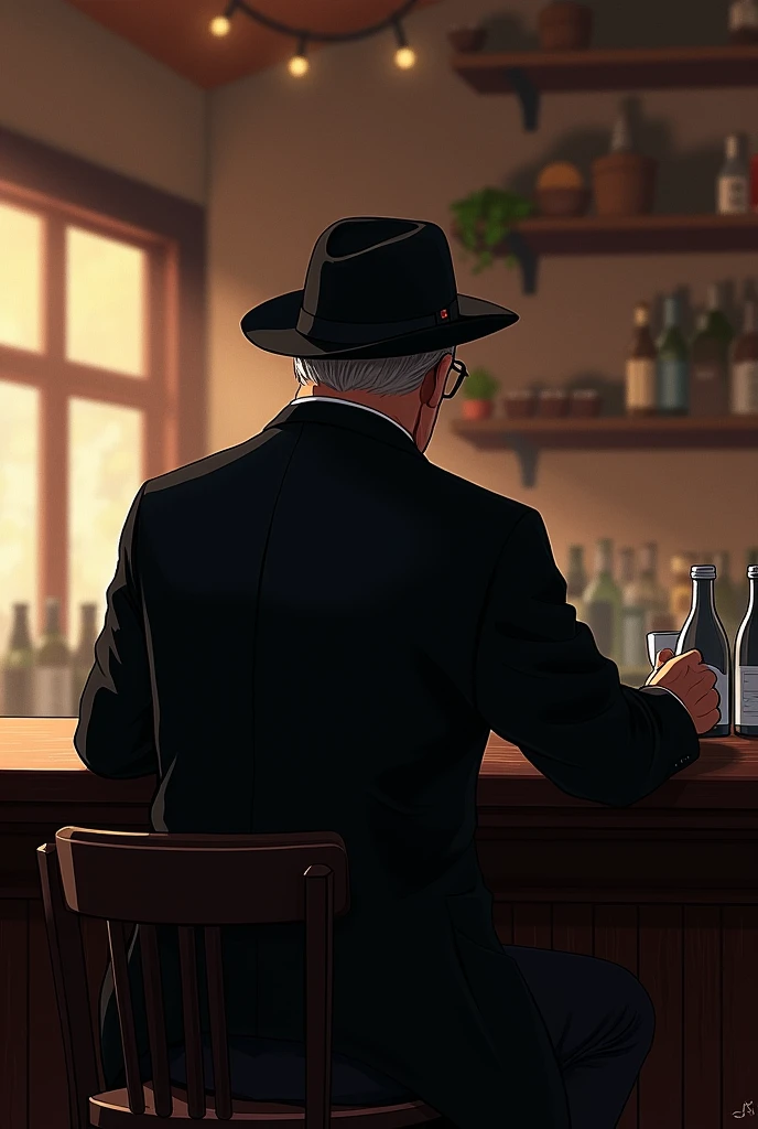I can't see your face because you're wearing your hat down.、Rear view、Elderly、gentleman、Bar at the end of the place、Sit at the counter、Uses only black、Painterly、