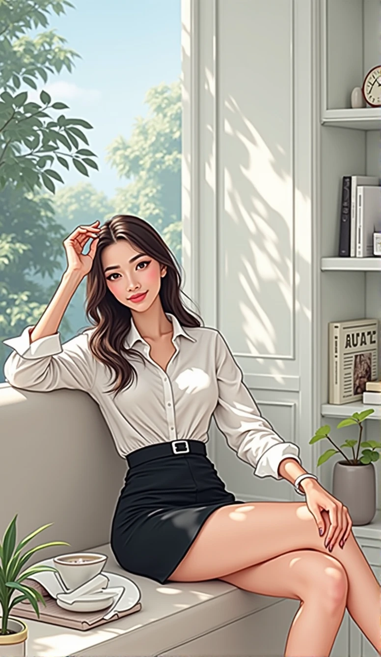 Asian woman in a mini skirt and white shirt sitting on a shelf, Niwan Chandra, Profile pictureture, fan art, professional Profile pictureture, Thai girl, With a backdrop of natural light., Profile picture, Profile picture, Comfortable pose, Thawan Duchanee, Business attire, Avatar, business woman, traditional art, Tomorrow, Tran., Big tits