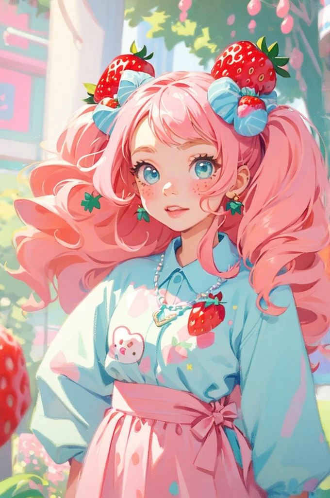 1 girl solo, ((strawberry)), pink hair buns, curly hair, cute dress, harajuku street fashion, decora fashion, beads and charms, many accessories, strawberry theme clothes, ,Kawaii, cute, pretty, anime, pastel,