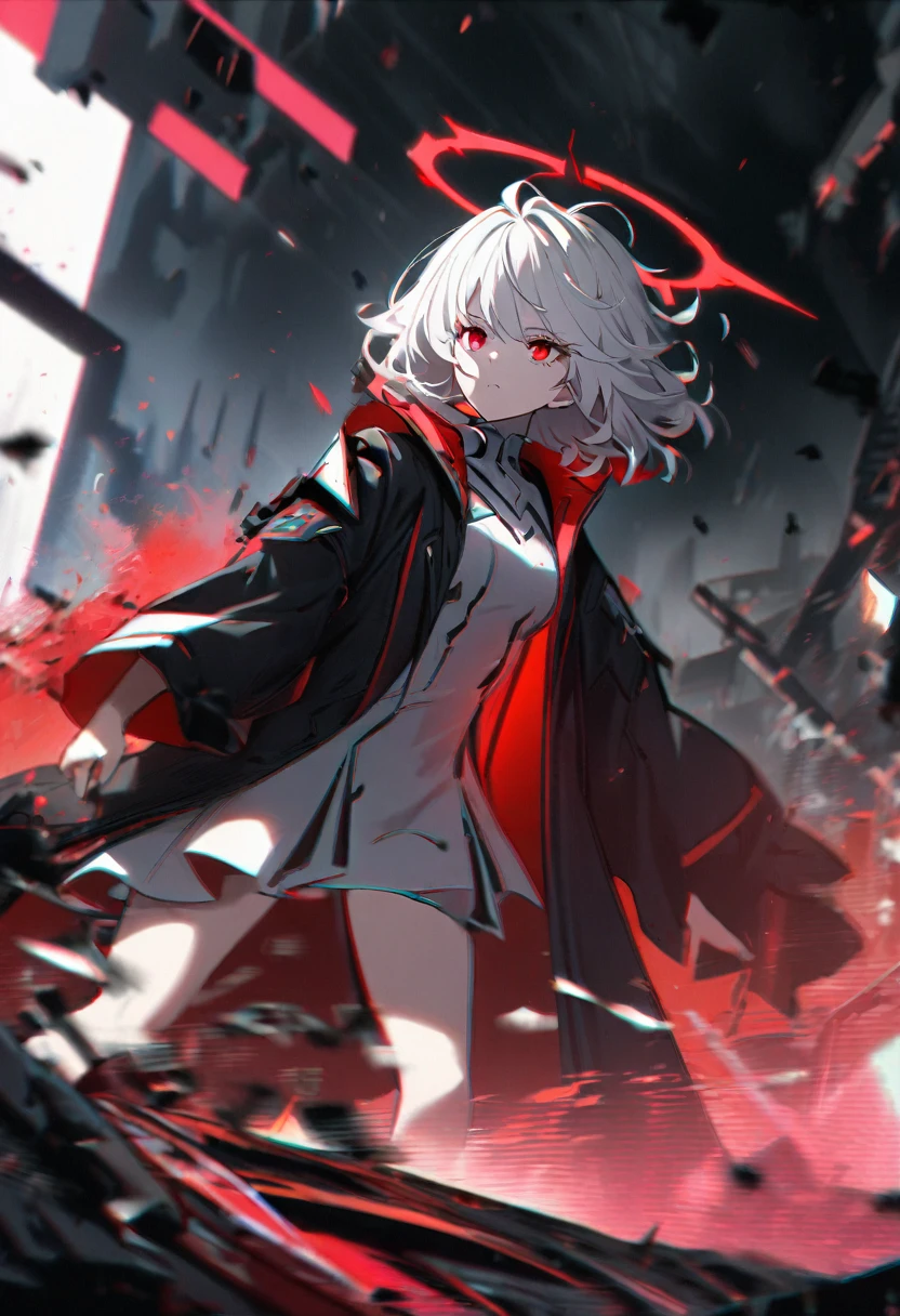 1girl, white hair, wild hair, red eyes, (white eyelashes:1.2), emotionless, red glow halo, mature, black coat, short hair, (chromatic aberration:1.2), reality break, destruction city, solo, (evil godness:1.2), digital dissolve, dynamic pose